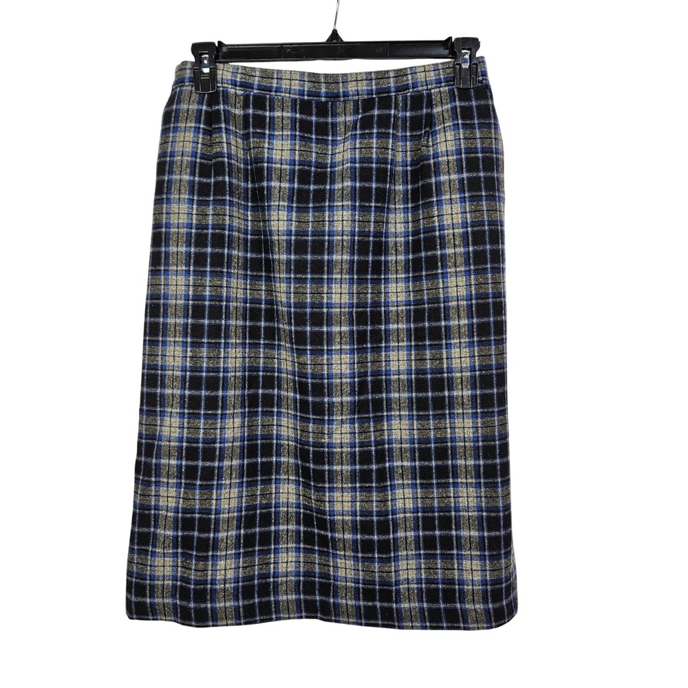MarkReed Blue Black Plaid Wool Blend Midi Skirt 18 Dark Academia Preppy Tartan
